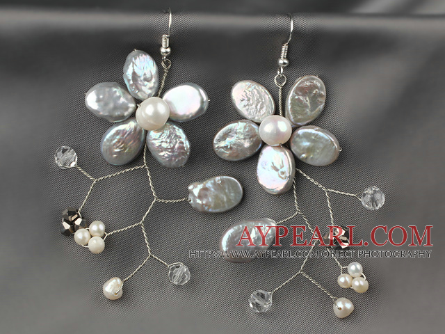 Gray Coin Pearl and White Freshwater Pearl Flower Earrings