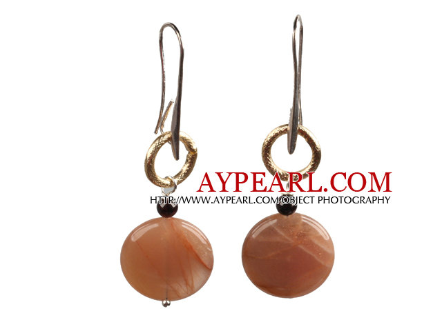 Trendy Simple Oblate Sunstone Dangle Earrings With Golden Loop