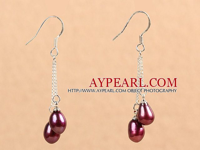 Simple Long Style Natural Wine Red Freshwater Pearl Dangle Earrings