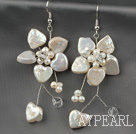 White Heart Shape Coin Pearl and White Freshwater Pearl Flower Earrings