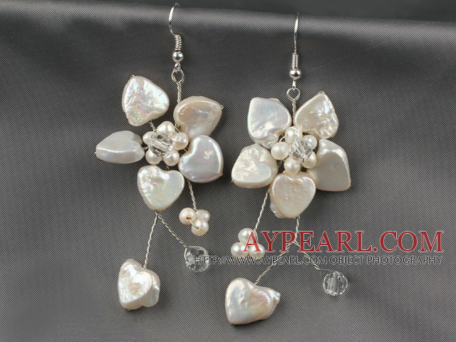 White Heart Shape Coin Pearl and White Freshwater Pearl Flower Earrings