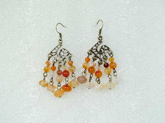 Vintage Style Agate With Bronze Charm Dangle Earrings