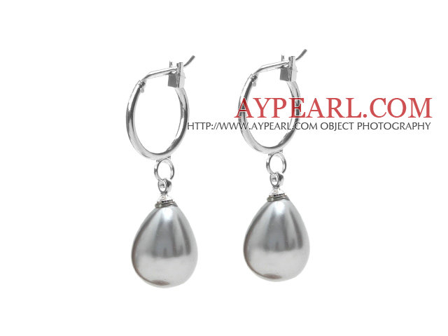 Beautiful Gray Teardrop Sea Shell Pear Shape Dangle Earrings With Hoop Earwires