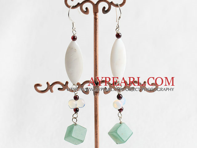 Lovely White Shell Rhombus Aventurine Garnet And White Peanut Opal Dangle Earrings