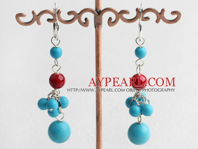 Beautiful Cluster Style Round Blue Turquoise And Bloodstone Dangle Earrings With Ear Hoops