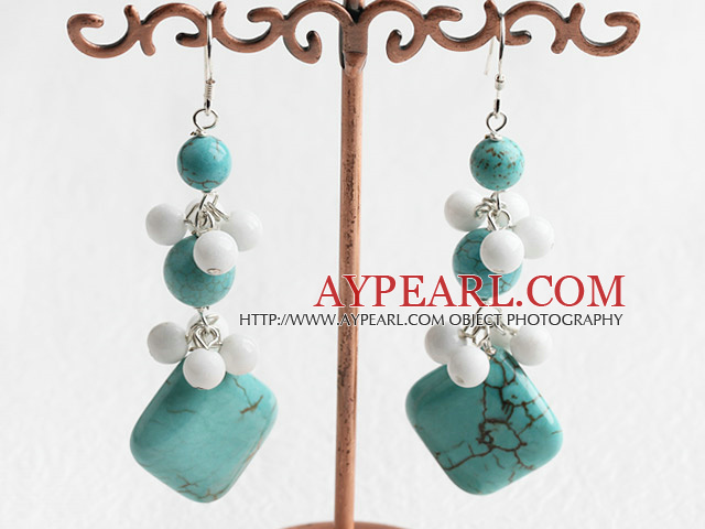 Beautiful Blue Turquoise And Round White Porcelain Stone Dangle Earrings