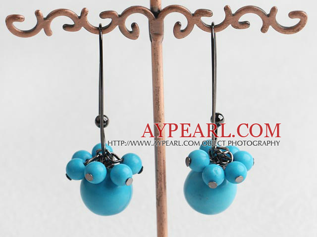 Fashion Round Blue Turquoise Cluster Dangle Earrings With Black Earwires