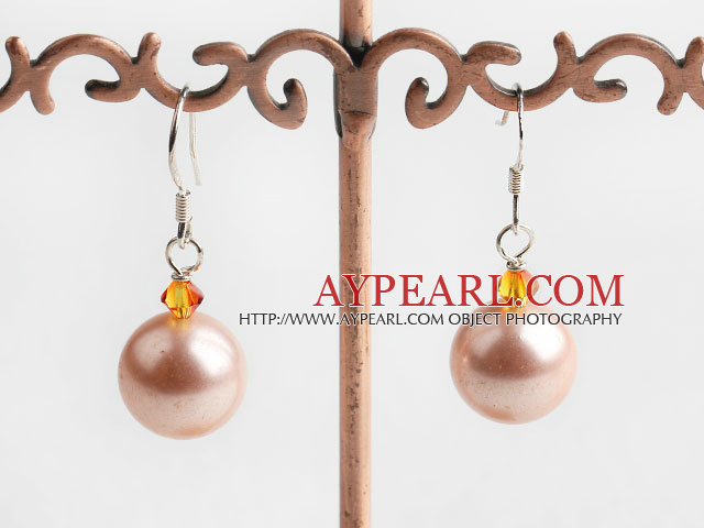 Lovely Golden Austrian Crystal And Round Seashell Bead Dangle Earrings