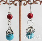 Lovely Blue Round Turquoise And Red Bloodstone Loop Dangle Earrings With Ear Hoops