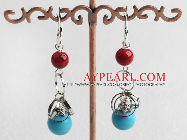 Lovely Blue Round Turquoise And Red Bloodstone Loop Dangle Earrings With Ear Hoops