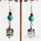 Fashion Burst Pattern Blue Turquoise Bloodstone Engraved Square Metal Charm Earrings