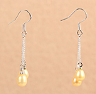 Simple Long Style Natural Champagne Color Freshwater Pearl Dangle Earrings