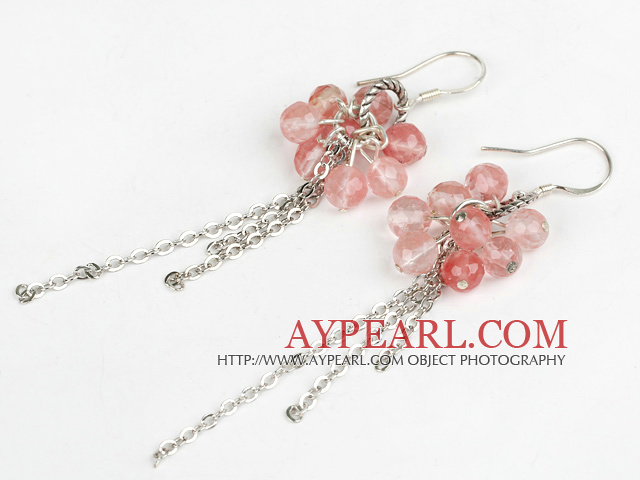 Fashion 6Mm Round Cluster Cherry Quartz Long Chain And Loop Metal Dangle Earrings