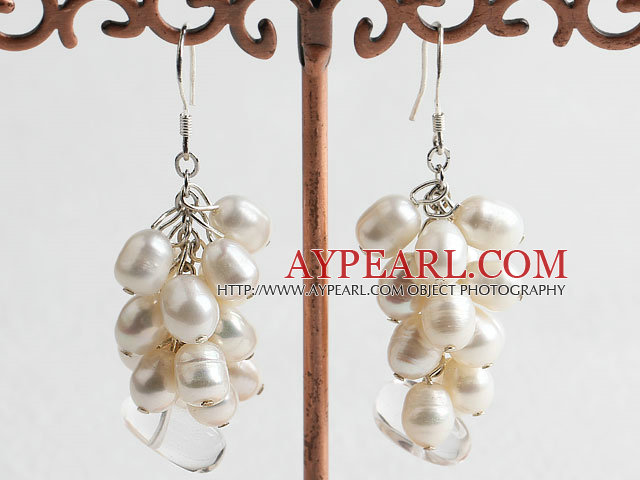 Fashion Loop Chain Style White Freshwater Pearl And Clear Crystal Cluster Earrings