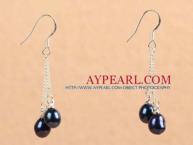Simple Long Style Natural Black Freshwater Pearl Dangle Earrings