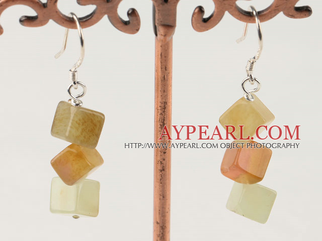 Classic Cubic Shape Three Color Jade Dangle Earrings With Fish Hook