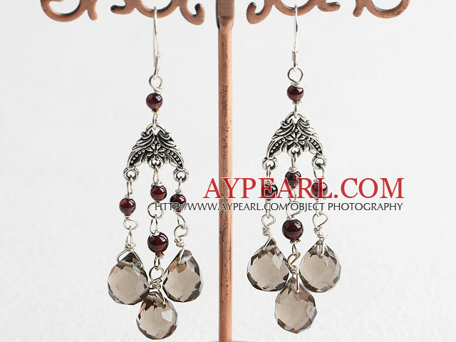 Lovely Garnet And Teardrop Smoky Quartz Flower Charm Dangle Earrings With Fish Hook