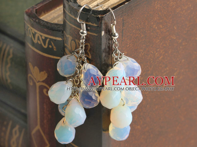Elegant White With Blue Drop Shape Opal Earrings With Fish Hook