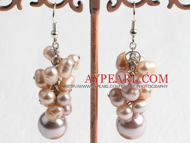 Fashion Freshwater Pearl And Purple Seashell Cluster Dangle Earrings With Fish Hook