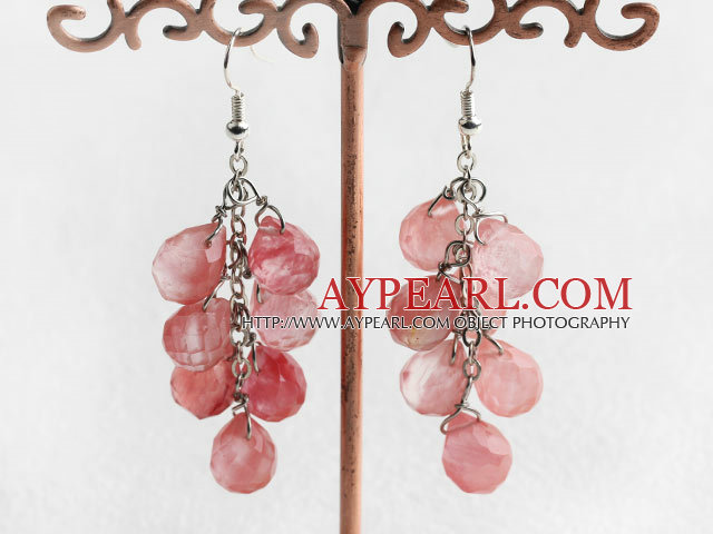 Classic Cluster Style Teardrop Cherry Quartz Link Dangle Earrings With Fish Hook