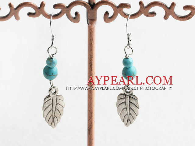 Fashion Round Blue Turquoise And Leaf Charm Pendant Earrings With Fish Hook