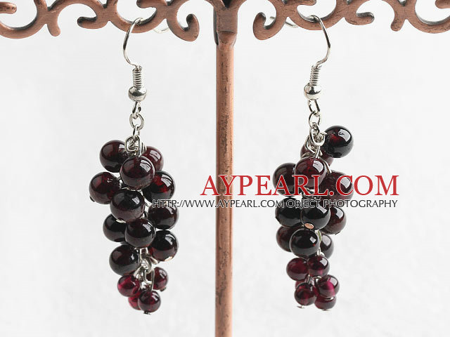 Beautiful Long Cluster Style Round Garnet Dangle Earrings With Fish Hook
