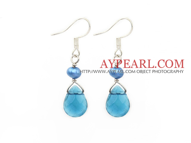 Nice Short Simple Style Blue Freshwater Pearl And Blue Teardrop Crystal Dangle Earrings