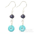 Lovely Black Freshwater Pearl And Blue Donut Shape Turquoise Dangle Earrings