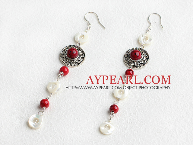 Classic White Hollow Disc Shell And Round Bloodstone Loop Charm Earrings