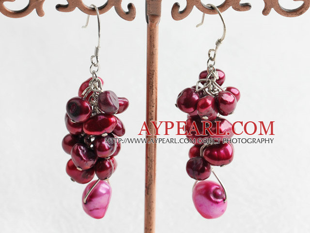 Fashion Dyed Red And Pink Freshwater Pearl Cluster Dangle Earrings With Fish Hook