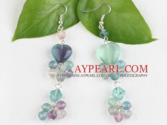 Lovely Mixed Heart Round Rhombus Shape Rainbow Fluorite Dangle Earrings With Fish Hook