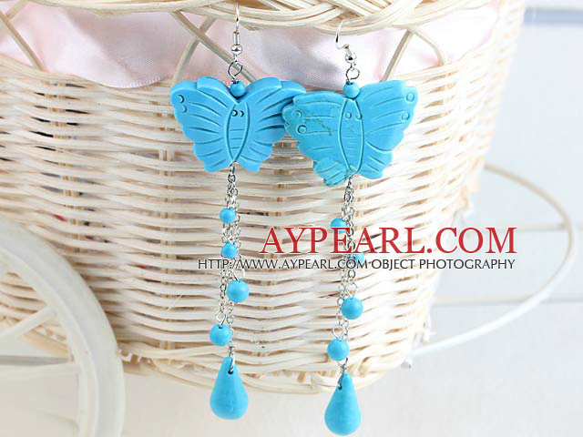 Lovely Blue Butterfly Round Teardrop Turquoise Earrings With Fish Hook
