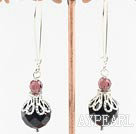 Elegant Faceted Blue Sand Stone And Wine Red Crystal Metal Cap Charm Dangle Earrings With Hook Earwires