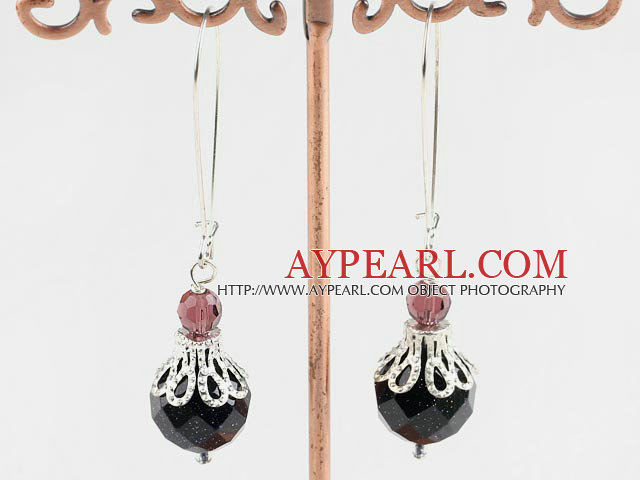 Elegant Faceted Blue Sand Stone And Wine Red Crystal Metal Cap Charm Dangle Earrings With Hook Earwires