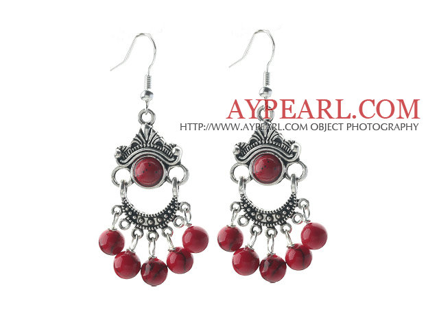Fashion Round Red Bloodstone Loops Metal Charm Dangle Earrings With Fish Hook