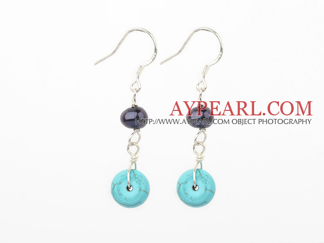 Lovely Black Freshwater Pearl And Blue Donut Shape Turquoise Dangle Earrings