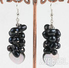 Lovely Potato Shape Black Freshwater Pearl And Hear Black Lip Shell Cluster Earrings