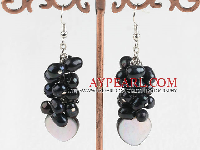 Lovely Potato Shape Black Freshwater Pearl And Hear Black Lip Shell Cluster Earrings