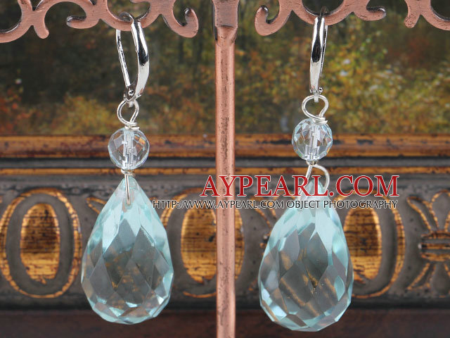 Fashion Aquamarine Blue Teardrop Crystal Dangle Earrings With Lever Back Hook