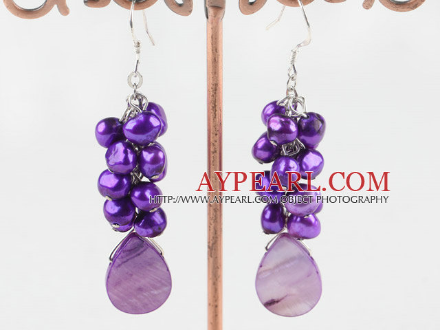 Popular Cluster Style Dark Purple Freshwater Blister Pearl And Purple Shell Drop Earrrings