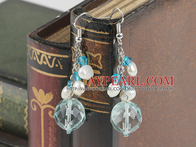 Fashion White Freshwater Pearl And Blue Crystal Loop Dangle Earrings With Fish Hook
