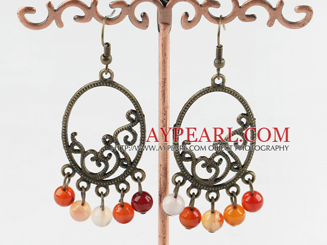 Fashion Vintage Style Natural Red Agate Loop Dangle Earrings With Bronze Charm Accessories