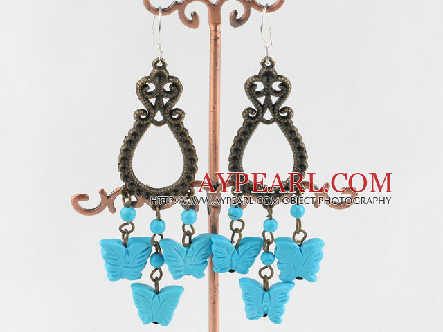 Beautiful Round And Butterfly Blue Turquoise And Loop Link Bronze Charm Dangle Earrings