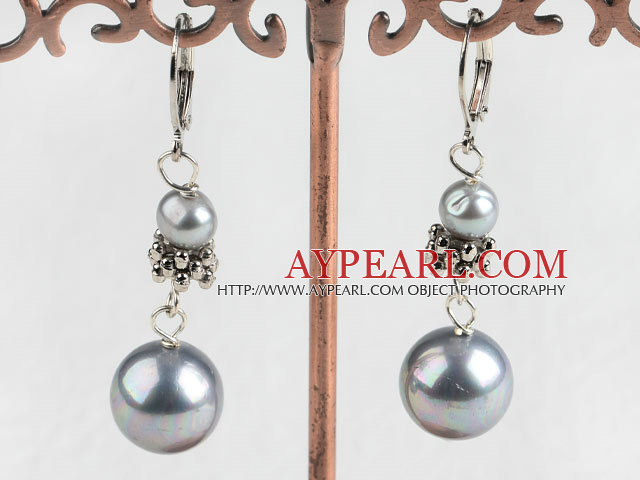 Lovely Grey Series Freshwater Pearl And Round Sea Shell Bead Metal Charm Earrings With Lever Back Hook