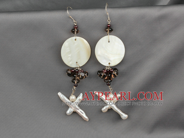 Fashion Long Style Disc Shell Garnet Smoky Quartz Cluster And Cross Blister Pearl Dangle Earrings