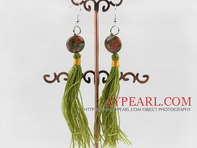 Green Piebald Stone Knotted Tassel Earrings 