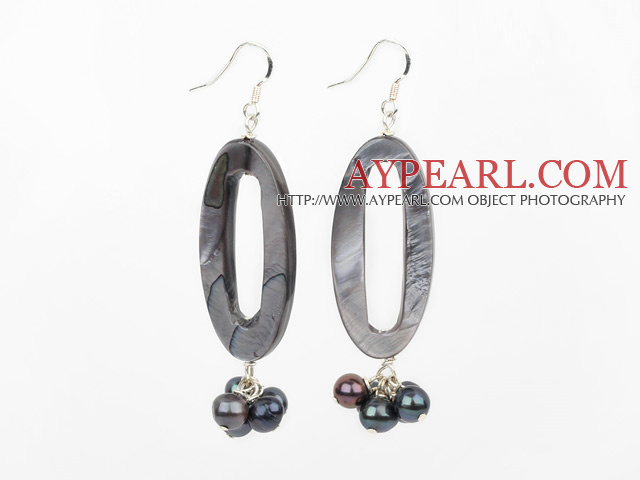 Lovely Black Freshwater Pearl And Loop Shell Dangle Earrings With Fish Hook