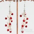 Wholesale Natural Fresh Water Pearl And Red Coral Fish Hook Dangle Earrings