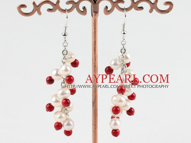 Natural Fresh Water Pearl And Red Coral Fish Hook Dangle Earrings