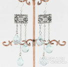 Wholesale Elegant Long Style Teardrop Blue Quartz Loop Link Dangle Earrings With Engraved Square Metal Charm